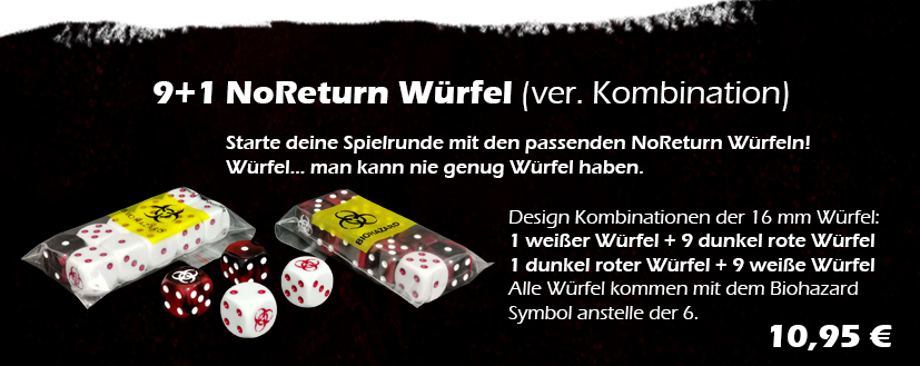 NoReturn Würfelset (9 reguläre W6 und 1 Hazard-Di W6)