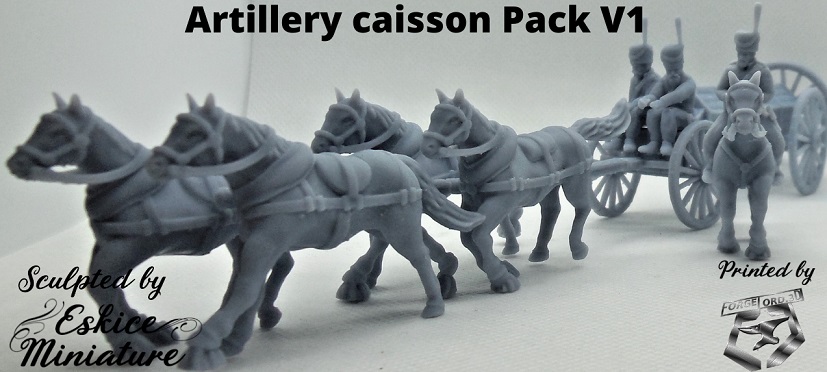 Artillery caisson V1 (4 chevaux, 3 servants, 1 train, 1 caisson, 2 timons )