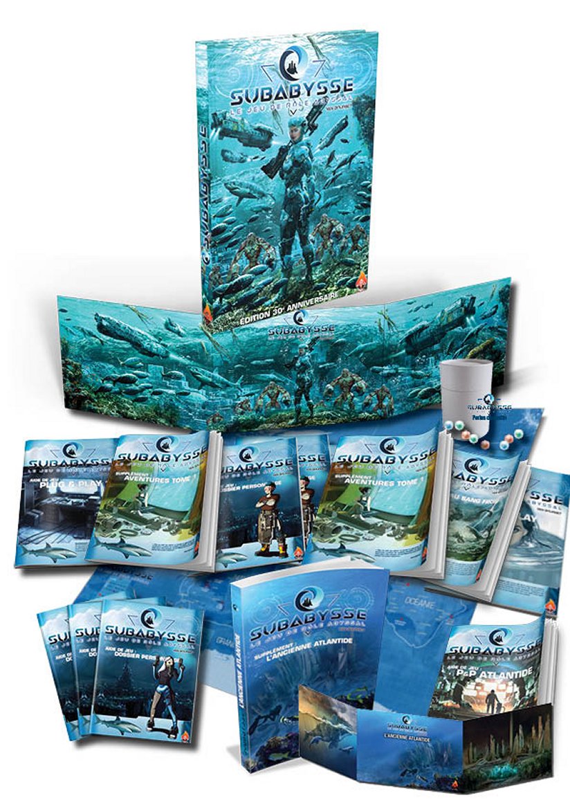 Gamme complète : 1 Livre de base, 1 paravent, 1 pot de Perles, 2 dossiers de personnage (H+F), 1 carte, 1 supplément Aventures tome 1 et 1 supplément Ancienne Atlantide