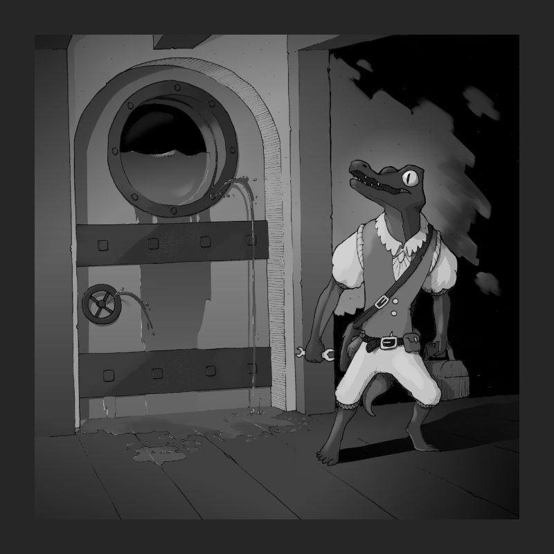 Un caymen qui s'apprette à réparer un hublot