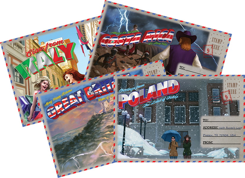 The four campaign-exclusive postcards you can use to invite your players to your ETU: Study Abroad game!